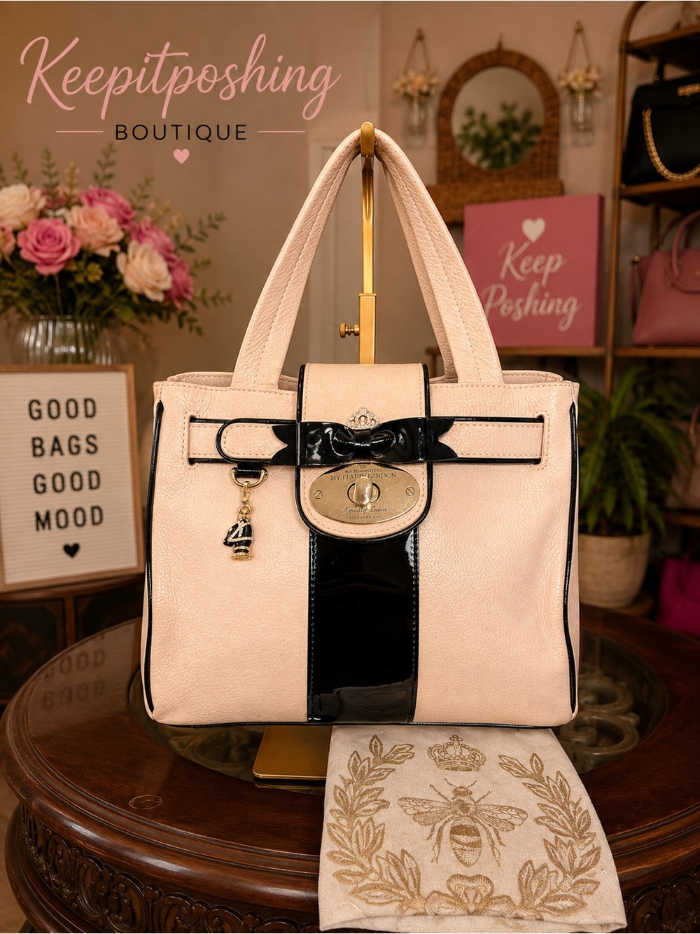 My Flat in London Cream Satchel with Black Patent Trim and Gold Charm